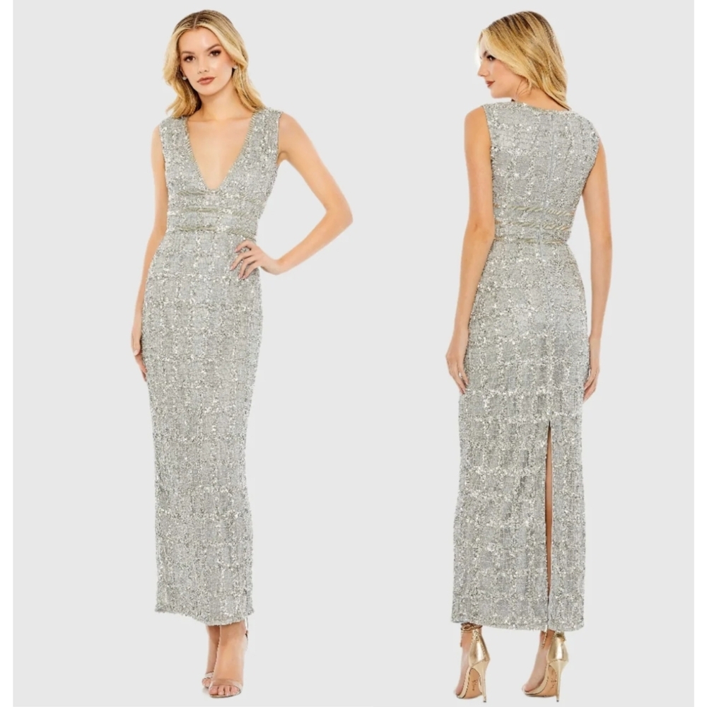 Mac Duggal Silver Sequin Deep V Maxi Gown